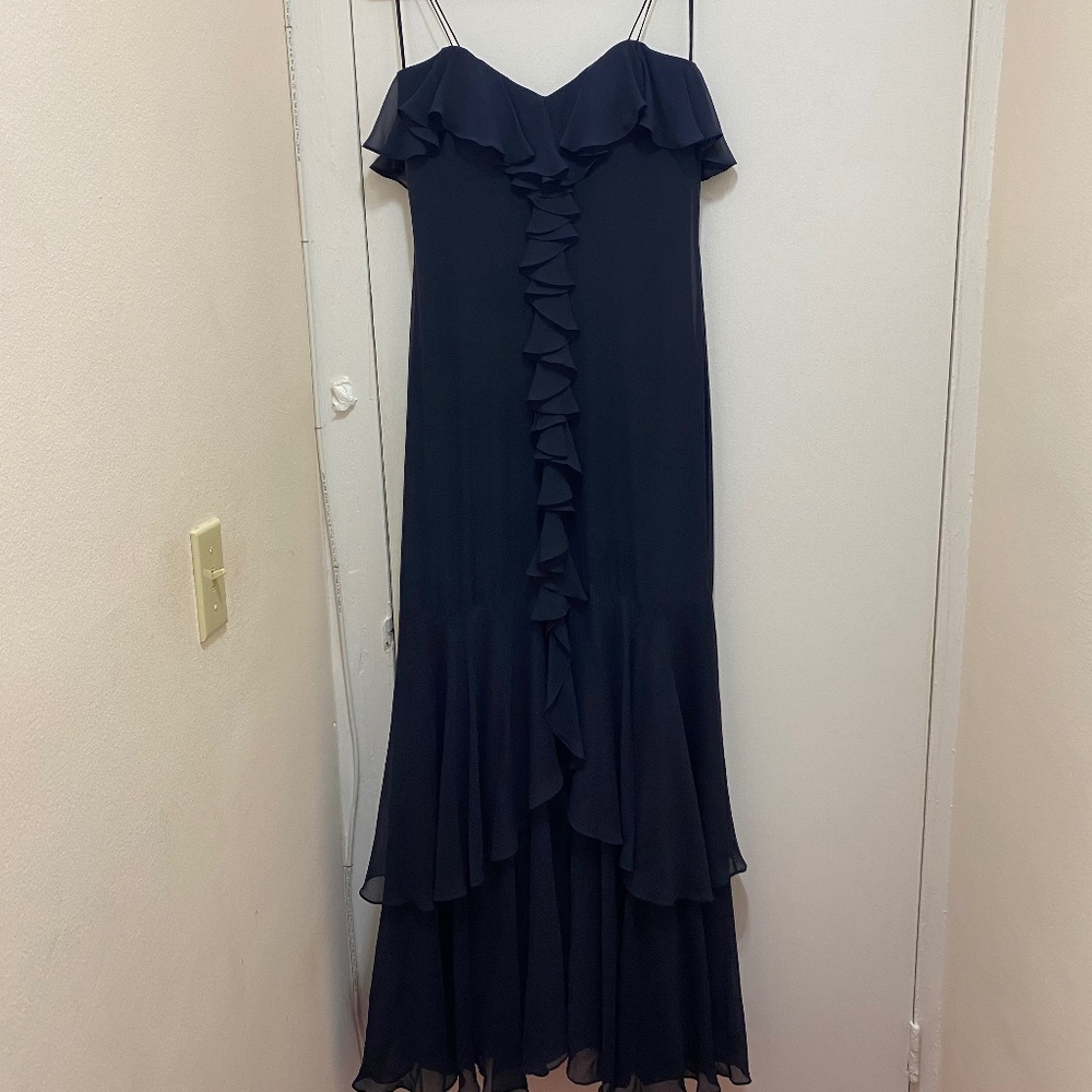 NWOT Theia Navy Blue Silk Chiffon Ruffled Evening Gown
